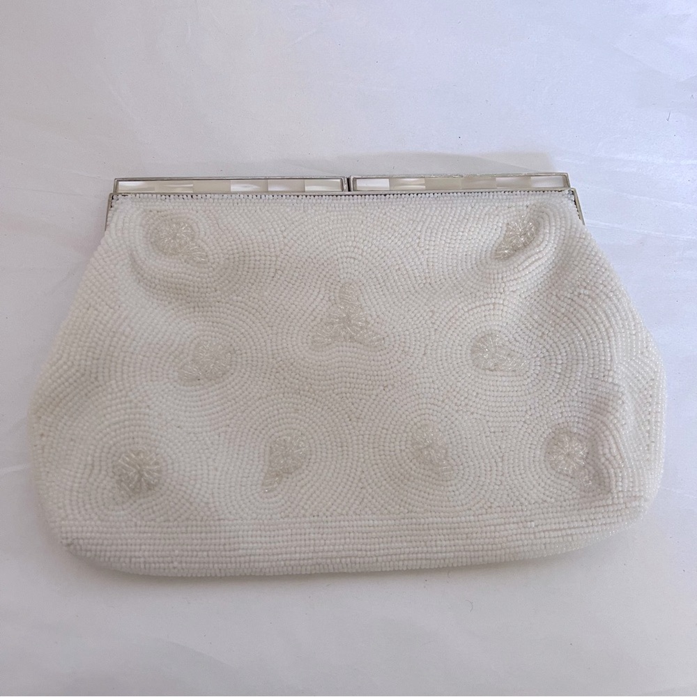 Vintage Bags By Josef White Hand Beaded Clutch w/Silver-Toned Mother Pearl Clasp